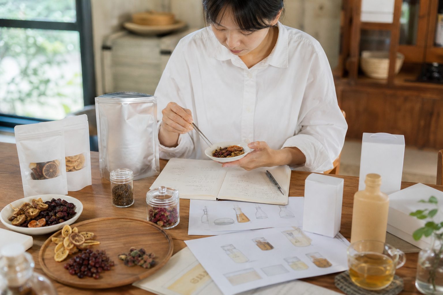 食品研發與產品設計工作桌，呈現原料、配方筆記與包裝設計稿