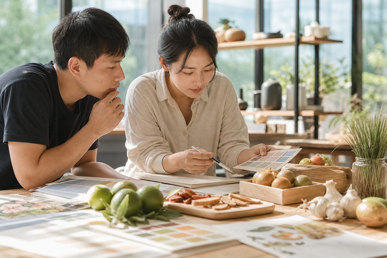 農產食品研發與包裝設計工作情境，展示待開發的在地特色商品
